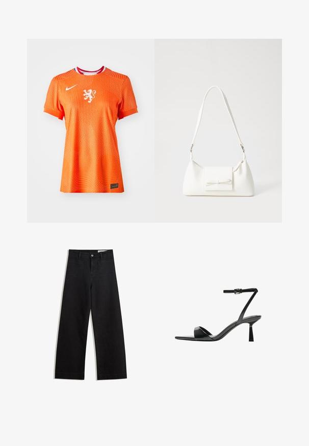 Oranžna nogometna majica Nike s kratkimi rokavi, ki vsebuje belo emblem leva, pikasto teksturo ter rdeč in moder ovratnik.; Črne široke denim hlače z visokim pasom, ki imajo sprednje in zadnje žepe, šivane šive ter gumbasto zapiranje. Gladka tekstura.; Bershka Sandali z visoko peto - black; Bela sintetična torbica v obliki trikotnika, z ravnim sprednjim poklopcem in detajlom mašne, nastavljivim trakom, gladko teksturo in minimalističnim dizajnom.