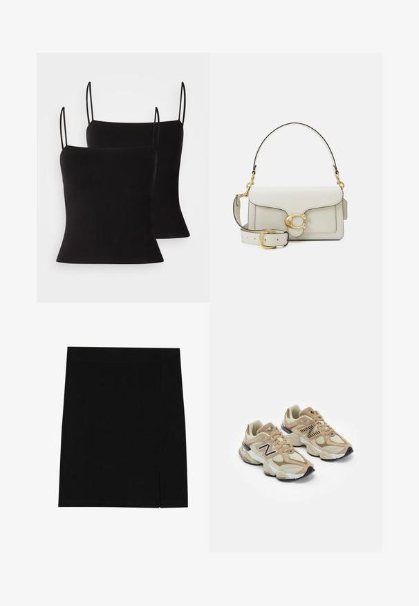 Juodos marškinėliai su plonomis petnešomis, pasižymintys lygiu, tampriu audiniu ir prigludusia siluetu. Pakuotėje yra du vnt.; Ilgų rankovių baltas marškinis, pagamintas iš medvilnės, su mygtukais priekyje, klasikine apykakle ir apvaliu hemu, pasižymintis laisvu siluetu ir be raštų.; Juoda mini sijonas, pagamintas iš švelnios medžiagos, su prigludusia forma, su lengva plyšyje šone tam, kad suteiktų papildomą akcentą.; Šviesiai rudos sportbačiai, pagaminti iš tinklinės ir zomšos medžiagų. Ypač išryškintas juodas logotipas ir tekstūruoti akcentai. Storas baltas tarpkalnis ir juodas gumos padas.; Balta odinė rankinė su auksinėmis detalėmis, užsegama atvartinė dalimi ir nuimamu, reguliuojamu dirželiu. Centre – apvalus metalinis akcentas.