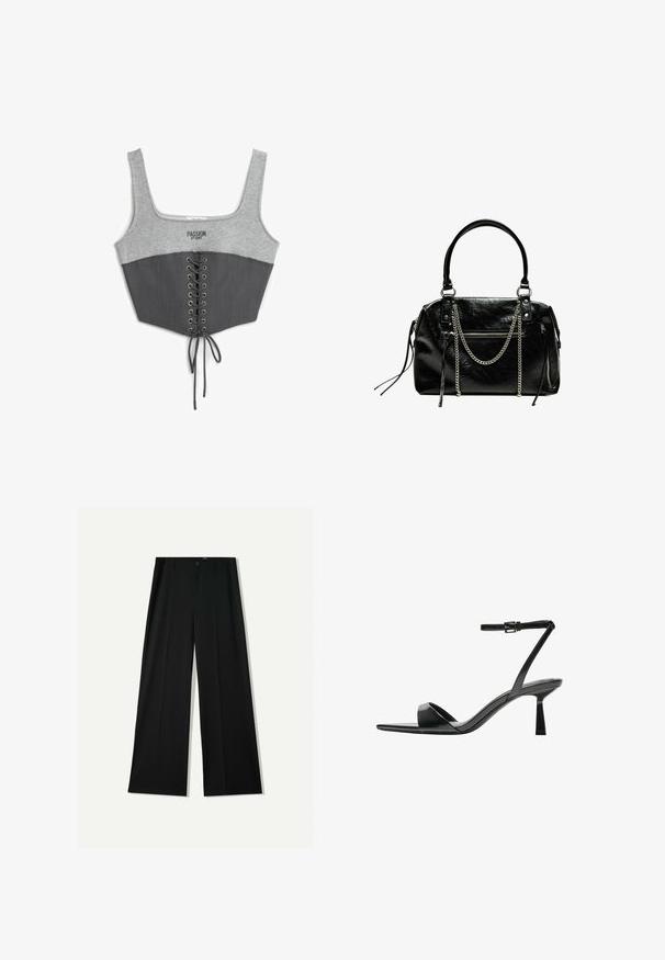 Top corto grigio con parte superiore in jersey grigio e parte inferiore strutturata grigio scuro. Presenta lacci frontali e occhielli metallici. Testo sul petto.; Bershka WIDE - Pantaloni - black; Bershka Sandali con tacco - black; Bershka WITH CHAIN - Borsa a mano - black