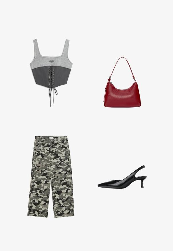 Gray cropped top with a gray jersey upper and dark gray, structured lower section. Features lace-up front and metallic eyelets. Text on chest.; YOURTURN UNISEX - Relaxed fit jeans - grey/black; Black slingback pumps with a pointed toe, made of textured synthetic material, featuring a slim heel and an open side design.; Red leather shoulder bag with a curved design, smooth texture, and a zipper closure. It features a thin handle for carrying.