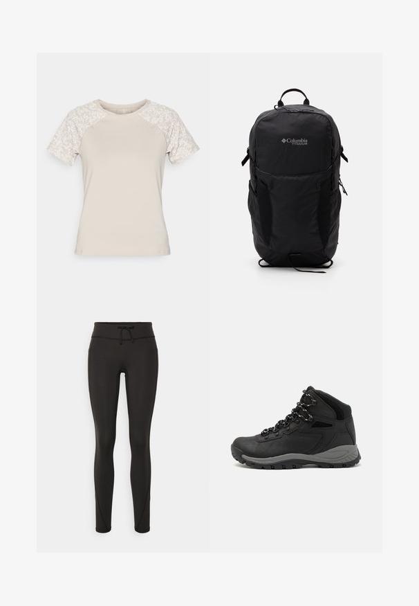 Beige színű, rövidujjú póló; textúrázott test és virágmintás ujjak. Kerek nyakú; puha anyagból készült. Alkalmas hétköznapi viseletre.; Fekete leggings magas derékkal, zsinórral, sima textúrával és testhezálló kialakítással. Oldalt varrási részletekkel rendelkezik.; Fekete túracipő közepes magasságú kialakítással, texturált felsőrésszel, szürke részletekkel és strapabíró gumitalppal, amelynek tapadós kiemelkedései vannak.; Fekete Columbia Titanium hátizsák sima textúrájú anyagból, oldalsó zsebekkel, felső fogantyúval és állítható pántokkal. Minimalista dizájn diszkrét márkázással.