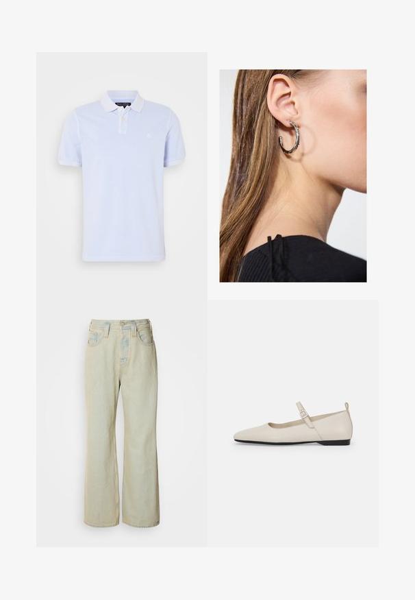 Lys blå pique skjorte laget av bomull, med krage, to-knapps placket og en liten brodert logo på venstre bryst.; Lyseblå vide jeans laget av denim, med høy midje, fem lommer og subtil falming med kontraststing.; Hvit skinn Mary Jane-flats med spiss tå, sidebuckle og lav svart hæl. Glatt tekstur og minimalistisk design.; Sølv ringøredob med en polert finish, med små gull detaljer og en rund form, båret på øreflippen.