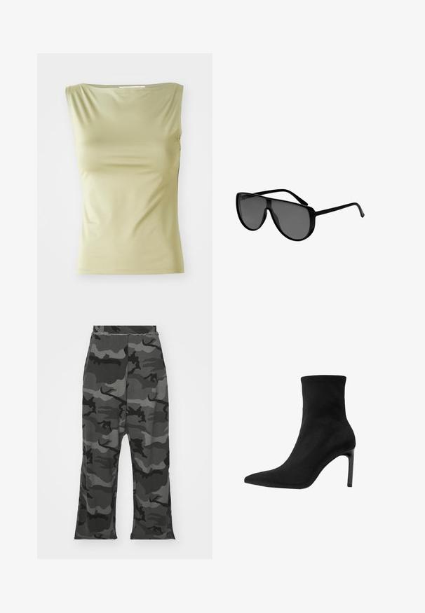 Svetlozelený bezrukávový top vyrobený z hladkého materiálu, s okrúhlym výstrihom a priliehavým strihom s jemnými bočnými švami.; Maskovacie teplákové nohavice v odtieňoch čiernej a sivej, s elastickým pásom, vo voľnom strihu a s malými rozparky na spodnej strane nohavíc.; Čierne členkové čižmy vyrobené z hladkej semišovej kože, s špicatou špičkou a vysokým ihlovým podpätkom. Plynulý, minimalistický dizajn bez ozdôb.; Čierne oversize slnečné okuliare s zakrivenými šošovkami, plastovým rámom a elegantným dizajnom. Majú tmavošedé zosvetlenie a štíhle ramienka pre moderný vzhľad.; Metalový prsten s komplikovaným vyrezávaným písmem. Stříbrná povrchová úprava, mírně zakřivený horní okraj a hladký povrch po celém obvodu.