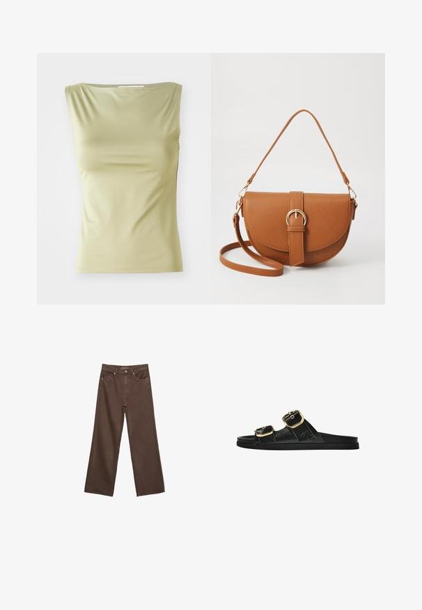 Top senza maniche verde chiaro realizzato in tessuto liscio, con scollatura rotonda e una silhouette aderente con costine laterali sottili.; Jeans a gamba larga marroni in denim, con vita alta, tasche anteriori e chiusura a bottone classica. Tessuto liscio con cuciture sottili.; Infradito neri con due accenti di fibbia dorata, materiale dalla texture liscia, suola piatta e design minimalista.; Borsa a tracolla in pelle marrone con forma curvata, hardware dorato e un dettaglio con fibbia. Presenta una tracolla rimovibile.