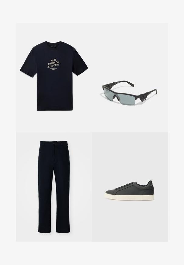 Mørkeblå bomull t-skjorte med korte ermer. Har hvit tekst foran: "Tenker du noen gang på sommeren?" og merkevarelogo.; Navyblå bukser laget av bomull, med rett ben-design, frontlukking med knapp og klassisk midje med beltehanker.; Svart skinnsneaker med lav profil, rund tå og snøring; har en teksturert gummisåle og logo-detalj på hælen.; Svart sports solbriller med gråtonede linser, vinkelret ramme, forsterkede hjørner og justerbare nesepuder for en sikker passform.
