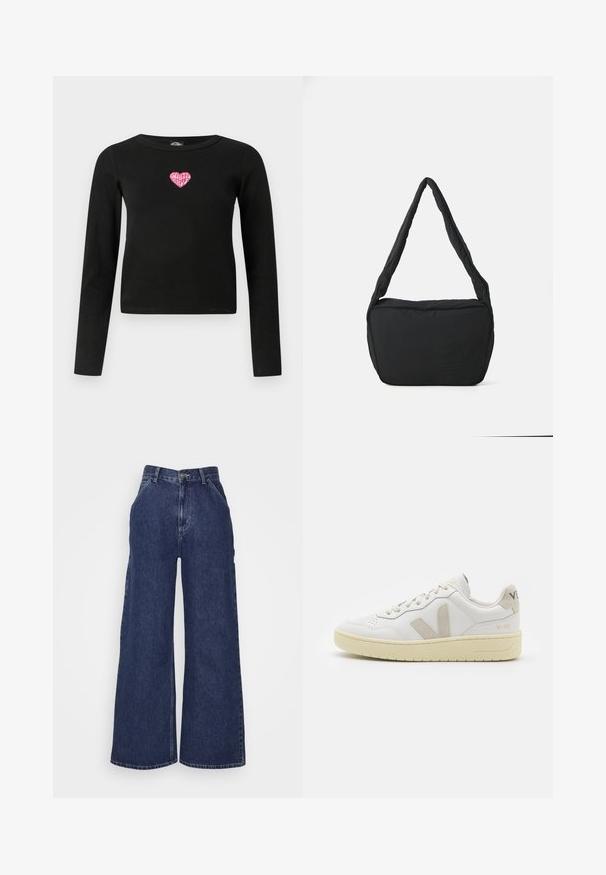 Crna majica dugih rukava s uskim krojem. Sadrži ružičasti vez u obliku srca s natpisom "Santa Cruz" na sredini prednje strane.; Široke traperice tamnoplave boje, s visokim strukom, prednjim džepovima i zatvaračem s metalnim gumbom. Glatka tekstura i klasičan dizajn.; Bijele kožne tenisice s bež nubuk naglascima, perforiranim prednjim dijelom, ravnim čipkama i teksturiranom kremastom potplatom. Sadrži suptilni brend na pete.; Crna torba za rame s podstavljenom teksturom, zaobljenog oblika i širokim remenom, s reljefnim logotipom sprijeda.