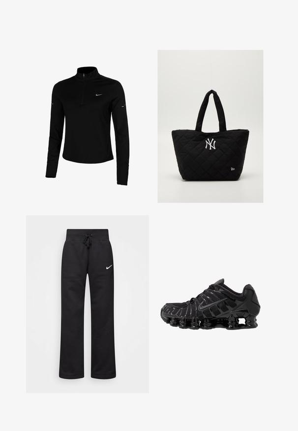 Camisa desportiva preta de mangas compridas com zíper até à metade, colarinho, logótipo refletor da Nike e costuras planas para conforto e um ajuste justo.; Calças de moletão pretas feitas de uma mistura de algodão, com um cós elástico ajustável, pernas retas e um logo da Nike branco no lado esquerdo.; Sapato atlético preto com parte superior em malha e sobreposições brilhantes. Apresenta amortecimento em espiral curvado e linhas texturizadas na lateral. Logotipo da Nike visível.; Saco tote preto acolchoado com duas alças, apresentando um logotipo branco dos New York Yankees e um pequeno emblema da marca de lado.
