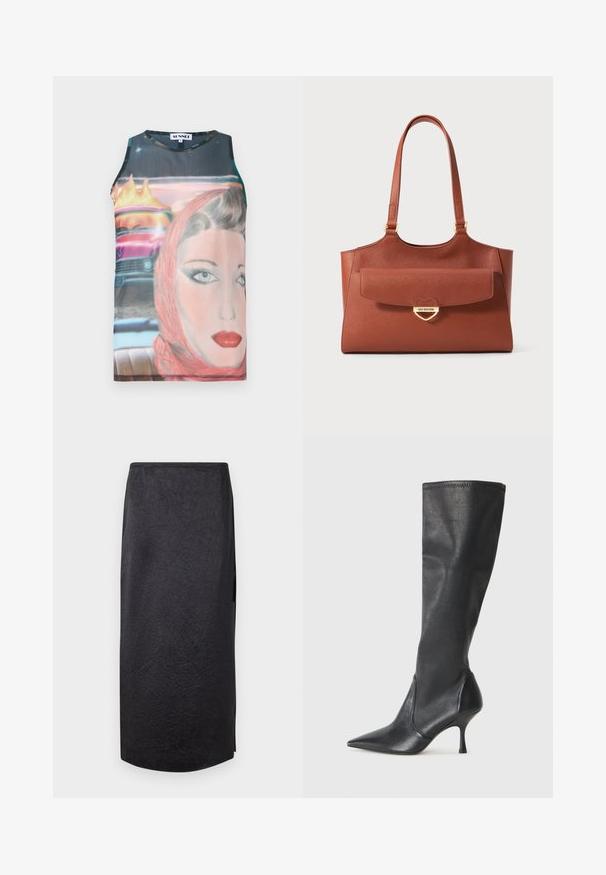 Ärmelloses, eng anliegendes Tanktop mit einem retro Grafikdruck, der das Gesicht einer Frau und ein Vintage-Auto zeigt, in lebhaften Farben und glattem Stoff.; Schwarzer Midirock mit einer zerknitterten Textur, geradem Schnitt und seitlichem Schlitz. Das Material wirkt leicht. Der Saum ist leicht gerundet.; Knöchelhoche schwarze Lederstiefel mit einer spitzen Zehe und einem schlanken Stiletto-Blockabsatz. Glatte Textur mit einer enganliegenden Passform und Nähten am oberen Rand.; Braune Leder-Tote mit langen Trägern, Fronttasche mit Klappe und goldener herzförmiger Verschluss, graviert mit "Love Moschino."