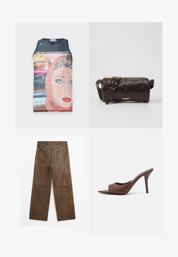 Sleeveless, fitted tank top with a retro graphic print featuring a woman's face and a vintage car, in vibrant colors and smooth fabric.; Brown leather wide-leg pants with two back pockets and visible stitching, shown from the back on a white background.; Brown leather open-toe high-heeled mules with a sleek design, featuring a wide front strap and a slender stiletto heel.; Brown crocodile-embossed leather bag with a cylindrical shape, gold-tone hardware, and a detachable strap featuring studs.