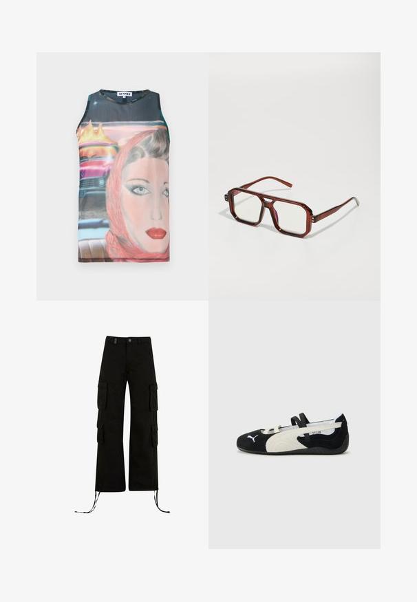 Bejuss rankovėmis, prigludusi marškinėlių su retro grafiniu atvaizdu, vaizduojančiu moters veidą ir senovinį automobilį, ryškiomis spalvomis ir lygia medžiaga.; Juodi cargo kelnės su laisvu kirpimu, su šoninėmis cargo kišenėmis, raišteliais apačioje ir mygtuko užsegimu juosmenyje.; Juoda ir kreminė ultralengva avalynė su zomšinėmis viršutinėmis dalimis, plokščiu padu, elastingomis dirželiais ir mažu logotipu ant piršto.; Rudos permatomi dideli akiniai su stačiakampiais lęšiais ir plonomis kojelėmis. Sukraigti, šiek tiek apvalinti kampai ir matomi tvirtinimo akcentai.