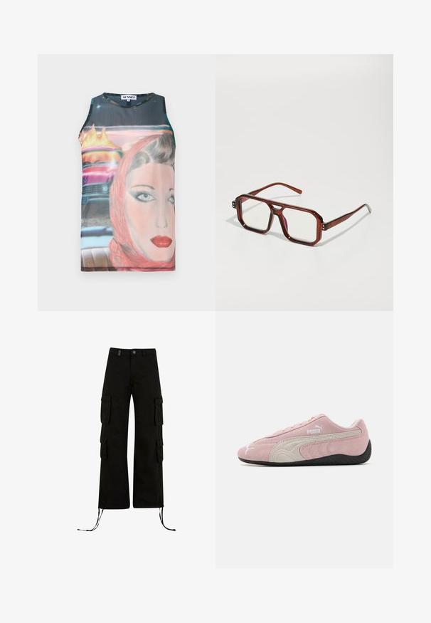 Mouwloze, straksluitende tanktop met een retro grafische print van een vrouwenface en een vintage auto, in levendige kleuren en zachte stof.; Zwarte cargobroek met een relaxte pasvorm, met cargozakken aan de zijkanten, koordjes aan de onderkant en een knoopsluiting in de taille.; Roze suedine sneaker met grijze accenten, gestroomlijnd ontwerp, textuur upper en zwarte rubberen zool. Kenmerkt het Puma-logo aan de zijkant.; Bruine transparante oversized brillen met rechthoekige lenzen en slanke armen. Gehoekte, licht afgeronde hoeken en zichtbare hardwareaccenten.