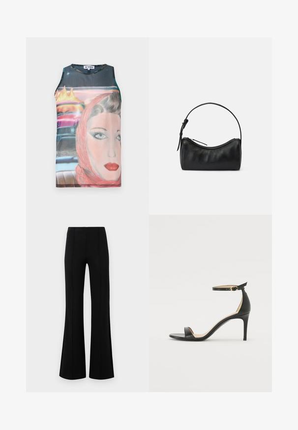 Canotta aderente senza maniche con una stampa grafica retro che ritrae il volto di una donna e un'auto d'epoca, dai colori vivaci e in tessuto morbido.; Pantaloni neri a zampa d'elefante con vita alta, realizzati in tessuto elastico. Presentano dettagli di cucitura verticale nella parte anteriore e una texture liscia.; Sandal in pelle nera con tacco alto e cinturino alla caviglia. Caratteristiche: texture liscia, punta aperta e tacco sottile. Dettaglio con fibbia tono oro.; Borsa a tracolla in pelle nera con un design curvo, chiusura a zip e una tracolla sottile. Presenta una texture liscia e dettagli di cucitura discreti.