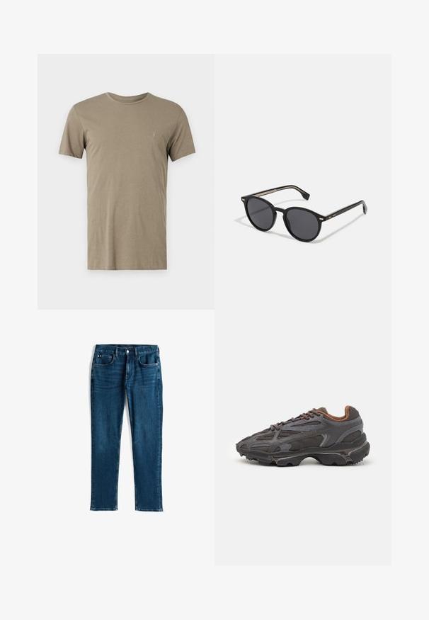 Khaki színű, rövid ujjú póló, puha anyagból készült, kerek nyakkivágással és egy kis hímzett logóval a bal mellrészen.; Sötétkék farmernadrág, egyenes szárú dizájn, öt zsebes stílus, finom elkoptatás és kontrasztos varrás, fémből készült gombbal és cipzárral.; Sötét szürke Lacoste sportcipők hálós és szintetikus anyagból, textúrázott talppal és barna díszítésekkel a nyak részen és a logón.; BOSS Napszemüvegek - black