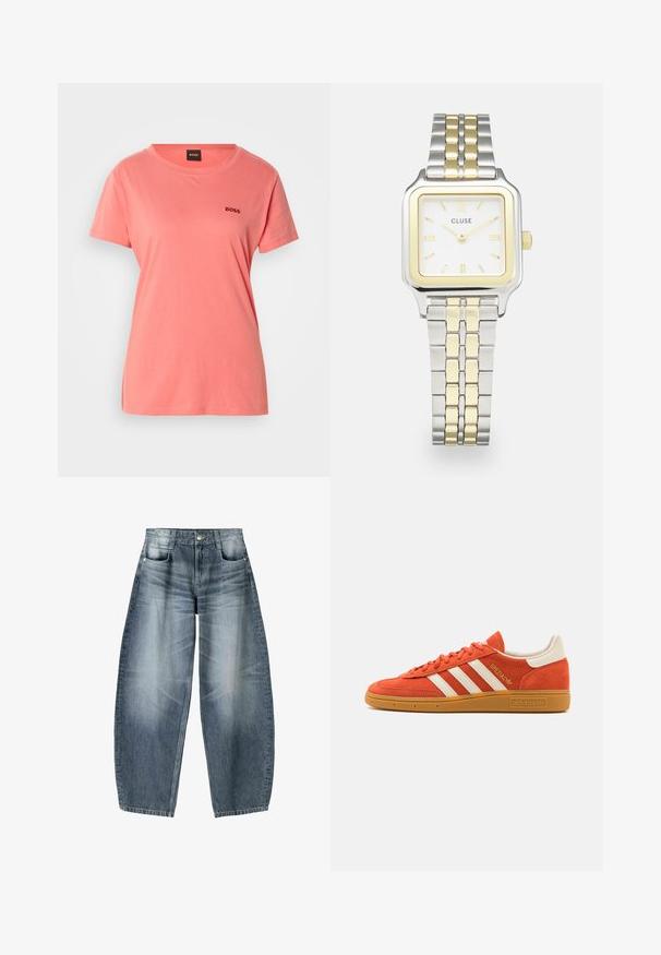Korall színű, rövid ujjú póló, amely puha pamutból készült. Kerek nyakkivágással és egy kis fekete hímzett "BOSS" logóval rendelkezik a mellrészén.; Világoskék denim anyagból készült bővülő szárú farmernadrág, amelyen elhalványulások találhatók, öt zsebbel, gombos záródással és minimális varrási részletekkel.; Narancsszínű velúr sportcipő, fehér bőr részletekkel, három fehér csíkkal és gumi talppal. A nyelvén "Spezial" logó található.; Négyzet alakú Cluse óra fehér számlappal, arany és ezüst díszítésekkel, valamint egy kétfémes sávval, amely váltakozó arany és ezüst láncszemekből áll.