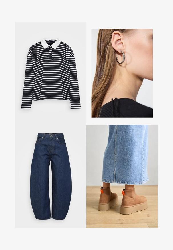 Fekete-fehér csíkos, hosszú ujjú polo ing fehér gallérral és laza szabással, vízszintes csíkokkal és puha szövettextúrával.; Magas derekú sötétkék farmernadrág széles lábakkal, elöl gombbal és cipzárral záródik, klasszikus öt zsebes kialakítással.; Barna velúr platform csizmák elasztikus oldalsó panelekkel és narancssárga húzófülekkel, amelyek egy térdközépig érő világoskék farmer szoknyával vannak párosítva egy fás padlón.; Ez egy ezüst fülbevaló, sima felülettel, amelyen apró arany díszítőelemek találhatók. Kerek formájú és a fülcimpán viselik.