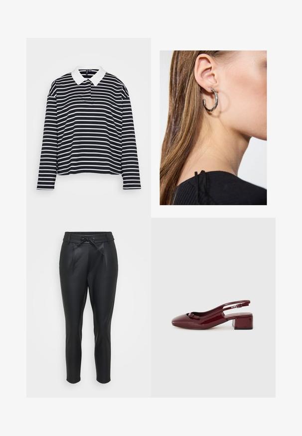 Black and white striped long-sleeve polo shirt with a white collar and relaxed fit, featuring horizontal stripes and soft fabric texture.; Black, faux leather pants with an elastic waistband, front pleats, and a drawstring closure. Tapered fit with a smooth texture.; Burgundy patent leather slingback shoe with a square toe, small block heel, and a decorative bow detail on the front strap.; Silver hoop earring with a polished finish, featuring small gold accent details and a round shape, worn on the lobe.