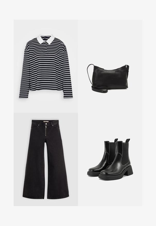 Černobílé pruhované polo tričko s dlouhým rukávem, bílé límcem a volným střihem, s horizontálními pruhy a měkkou texturou látky.; Džíny s širokými nohavicemi v černém denimovém provedení se zipem vpředu, pěti kapsami a jemnými švy. Hladká textura a ležérní styl.; Černé kožené chelsea boty s masivním podpatkem, elastickými bočními panely a kontrastním bílým prošitím. Texturovaný povrch.; Černá kožená taška přes rameno s hladkým povrchem, zakřiveným tvarem, nastavitelným popruhem a zipovým uzávěrem. Minimalistický design bez zdobení.