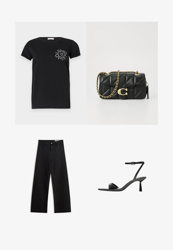Black cotton T-shirt with short sleeves and a round neckline. Features metallic rhinestone graphic on the left chest area.; Black wide-leg denim pants with a high waist, featuring front and back pockets, stitched seams, and a button closure. Smooth texture.; Bershka High heeled sandals - black; Black quilted leather handbag with a gold chain strap and a toggle clasp featuring a circular accent. Compact rectangular shape.