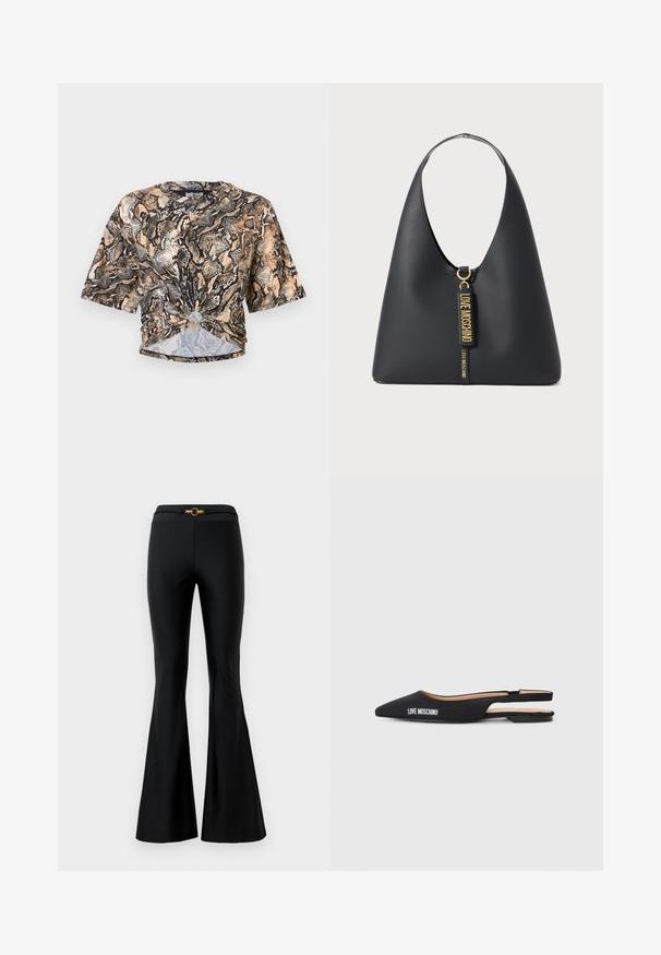 Just Cavalli PYTHON - Apdrukāts T-krekls - marzapan\curry; Melnas platas bikses ar gludu tekstūru, ar pieguļošām jostām un zelta apaļu akcentu priekšpusē. Izgatavotas no elastīga materiāla.; Melnas izstrādnes ar atvērtu papēdi un smailiem pirkstiem, izgatavotas no gludas materiāla. Iespējota baltā "LOVE MOSCHINO" zīmola apzīmējums un minimālistisks dizains.; Melnas ādas plecu soma ar plašu siksnu, zelta aparatūru un diviem piekārtiem birkām ar uzrakstu "LOVE MOSCHINO" zelta burtiem.