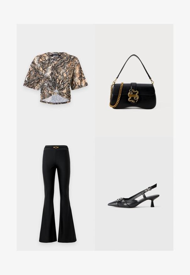 Just Cavalli PYTHON - Tričko s potlačou - marzapan\curry; Čierne rozšírené nohavice s hladkým povrchom, ktoré majú priliehavý pás a zlatý okrúhly akcent vpredu. Vyrobené z elastického materiálu.; Čierne kožené slingback topánky s špicatou špičkou, ozdobnými popruhmi s kovovými očkami a nízkym blokovým podpätkom. Textúrovaný povrch.; Čierna kožená kabelka s zakriveným tvarom, zlatým hadím akcentom a reťazovým ramienkom. Obsahuje klopňové zapínanie s kovovou logovou platňou.
