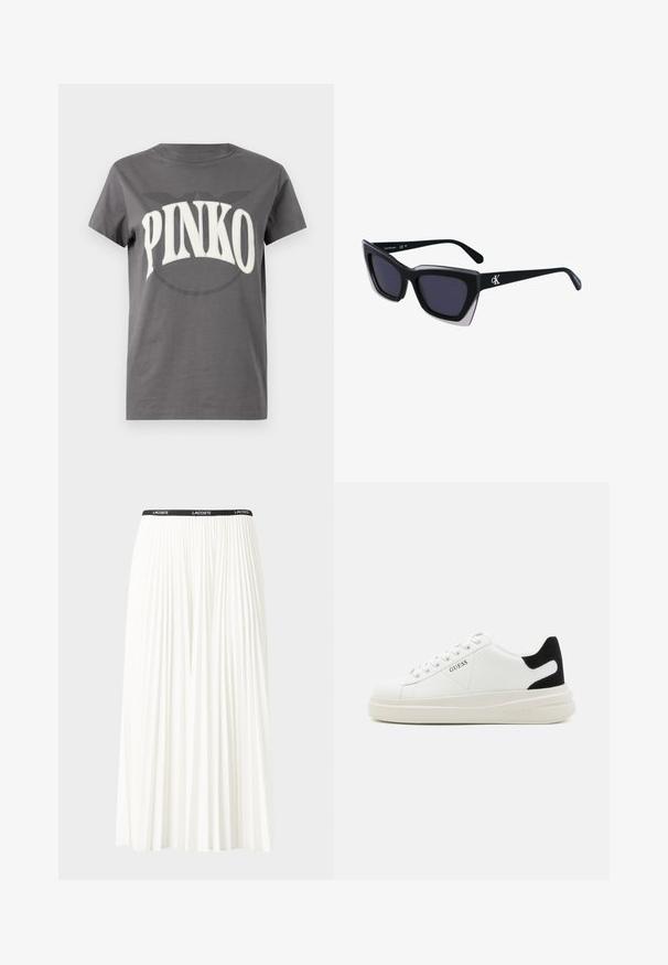 Camiseta de algodón gris con mangas cortas, que presenta un gran gráfico blanco de "PINKO" en el frente, escote redondo y diseño de corte relajado.; Falda blanca plisada con una cinturilla elástica negra que presenta el logotipo "LACOSTE". Diseño de longitud media con textura suave.; Zapatillas blancas de cuero con una suela blanca gruesa, acento en el talón de ante negro y logo grabado en el lateral. Diseño de cordones con seis ojales.; Gafas de sol negras de gran tamaño con una forma geométrica, que presentan lentes oscuros y un detalle gris contrastante en la montura. Logo en la pata.