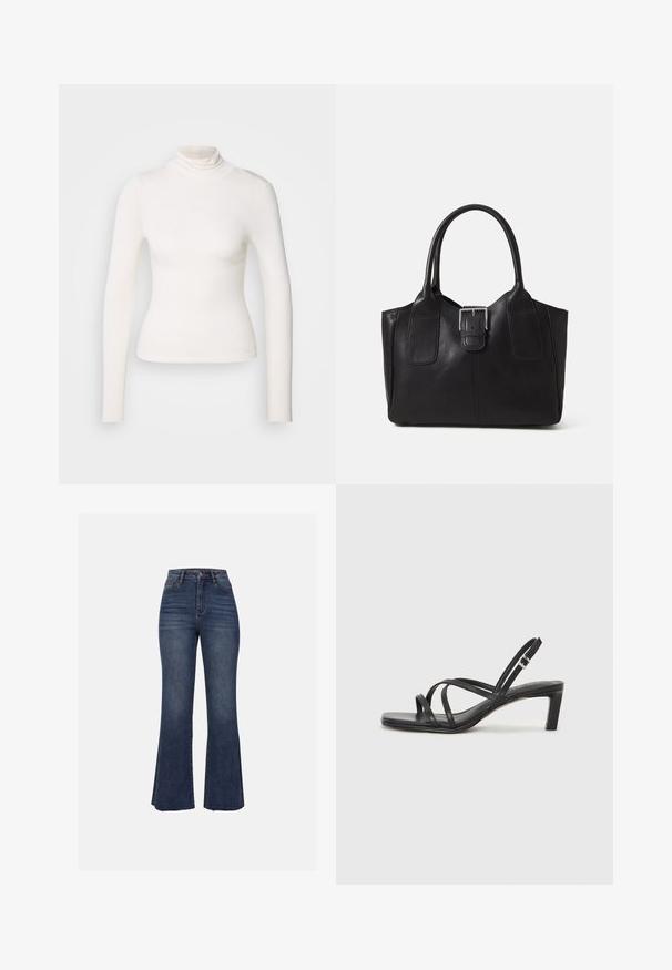 Pitkähihainen poolopaita pehmeästä valkoisesta kankaasta, napakka muotoilu saumattomalla kauluksella, ilman kuvioita tai koristeita, sileä pinta.; Anna Field Flared-farkut - blue wash; Mustat hihnalligat, joissa on neliön muotoinen kärki ja matala lohkokorko. Ominaisuuksiin kuuluu useita ohuita hihnoja ja säädettävä nilkkahihna. Valmistettu sileästä nahasta.; Musta nahkainen olkalaukku, jossa on sileä pinta, ryhdikäs muoto, kaksi kahvaa ja silmienpistävä hopeinen solkiyksityiskohta edessä.