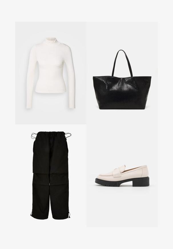 Langärmige coltrui in zacht witte stof, aansluitend ontwerp met een naadloze hals, zonder patronen of accenten, gladde textuur.; Zwarte broek van lichtgewicht stof, met een verstelbare tailleband en trekkoord aan de broekspijpen. Ontworpen met een losse, oversized pasvorm en meerdere zakken.; Lichtbeige leren loafers met een gestikte voorkant en een textuur met een zwarte plateauhak. Beschikt over een gebogen ontwerp en een lichte verhoging.; Zwarte geweven schoudertas met twee stevige handvatten, met een glanzende textuur en een ruime open bovenkant.