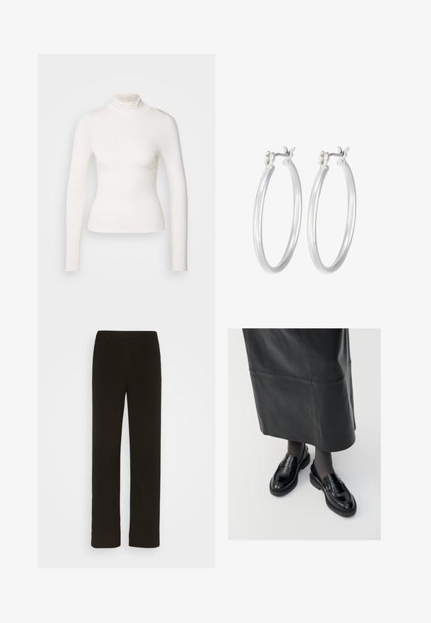 Dlhý rukáv s vysokým golierom v mäkkej bielej látke, priliehavý strih s bezšvovým golierom, bez vzorov alebo akcentov, hladká textúra.; Čierne nohavice s rovnými nohavicami vyrobené z tkaniny, so plochým predkom, dvoma bočnými vreckami a hladkou textúrou. Žiadne viditeľné vzory ani akcenty.; Čierne kožené poltopánky s hladkým povrchom, s dekoratívnym pásikom, okrúhlou špičkou a textúrovanou podrážkou. Nosené s dlhou čiernou koženou sukňou.; Strieborné kruhové náušnice s hladkým, lesklým povrchom. Kolový tvar a bezpečné klikanie na uzatváranie. Ľahký dizajn vhodný na každodenné nosenie.