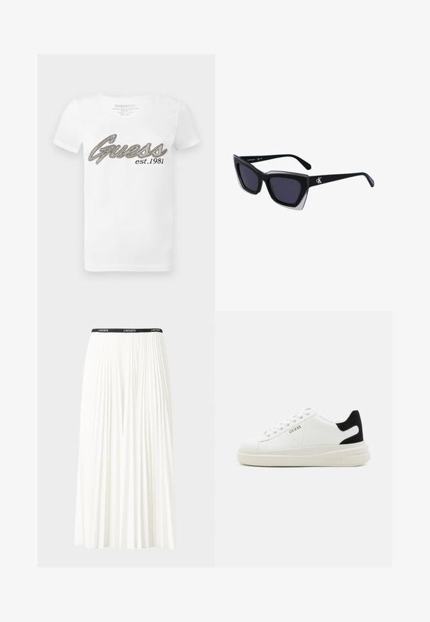 Bílá bavlněná tričko s krátkými rukávy, s černým a stříbrným zdobeným logem "Guess" a textem "est. 1981" na přední straně.; Záhybová bílá sukně s černým elastickým pasem s logem "LACOSTE". Suška je střední délky a má jemnou texturu.; Bílé kožené tenisky s tlustou bílou podrážkou, černým semišovým akcentem na patě a vyraženým logem na boku. Šněrovací design se šesti očka.; Černé oversized sluneční brýle geometrického tvaru, s tmavými skly a kontrastním šedým detailem na rámu. Logo na rameni.