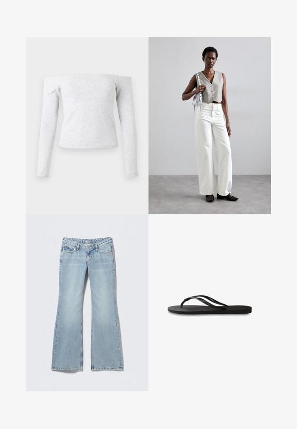 Světle šedé přiléhavé tričko s dlouhým rukávem a výstřihem pod rameny. Vyrobené z měkké, elastické látky s hladkou texturou.; Světlé modré džíny se zvonovými nohavicemi a vybledlým efektem, pětikapsový design a kontrastní prošití. Bavlněný denim s hladkou texturou.; Černé žabky s texturovanou gumovou podrážkou, dvěma štíhlými popruhy a jemným, embosovaným logem na popruhu.; Šedý zkrácený vest, doplněný bílými širokými džíny a černými plochými botami. Doplňková malá stříbrná kabelka s třásněmi.