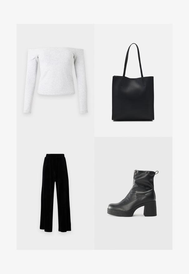 Chemise gris clair cintrée à manches longues avec un décolleté décolleté. Fabriquée en tissu doux et extensible avec une texture lisse.; Pantalons larges noirs en velours doux, dotés d'une taille élastique et d'une texture lisse, sans détails ni motifs visibles.; Bottes noires à la cheville en cuir lisse, dotées d'une fermeture éclair sur le côté, d'un talon épais texturé et d'une conception à bout rond.; Sac fourre-tout en cuir noir avec une texture lisse, de forme rectangulaire et deux longues poignées. Pas de matériel ou d'ornementations visibles.