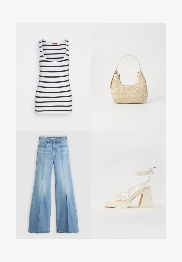 Esprit TANK - Felső - navy; Világoskék, magas derekú farmernadrág széles lábakkal, elülső és hátsó zsebekkel, övbújtatókkal, és függőleges varráselemekkel az elején.; Fehér, magassarkú szandál vastag sarokkal, pántos dizájnnal és bokapánttal. Sima textúra, elülső platformmal a megnövelt magasság érdekében.; Bézs színű, fonott szalmakézitáska ívelt formával, rövid fogantyúval és oldalsó cipzárral. Texturált felülettel és minimalista dizájnnal rendelkezik.