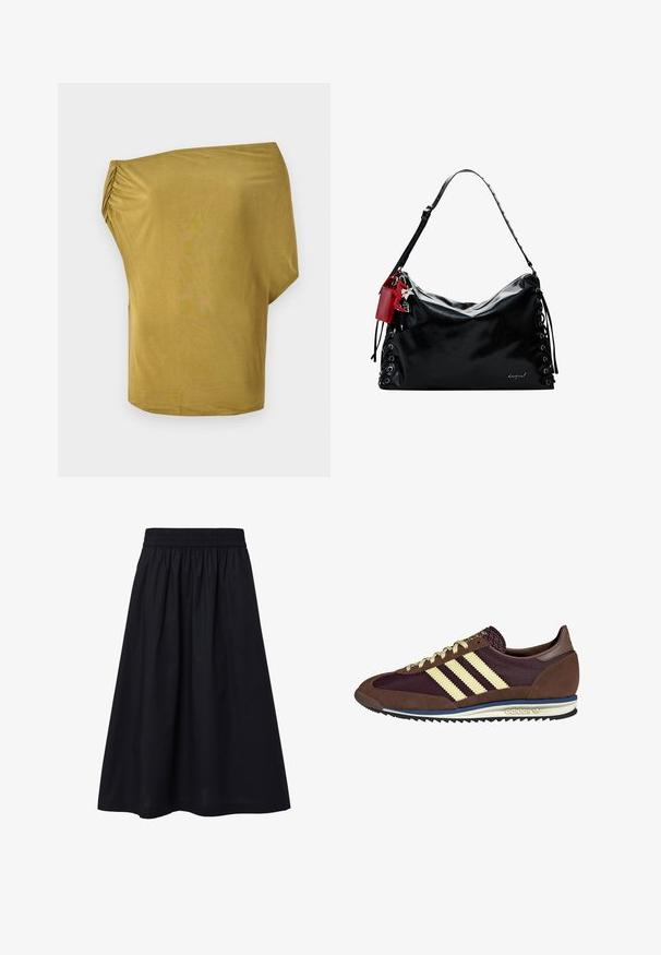 Volný top bez ramínek v hořčicově žluté barvě, vyrobený z měkkého materiálu s nařasením na jedné straně, hladkým povrchem a zakřiveným lemem.; Černá sukně ke kolenům vyrobená z lehkého materiálu. Má elastický pas a jednoduchou, hladkou strukturu. Žádné viditelné vzory nebo ozdoby.; Hnědé a burgundské tenisky z semiše a síťoviny, s třemi krémovými pruhy, texturovaným materiálem na jazyku a gumovou podrážkou.; Černá kožená kabelka s uvolněným designem, se šněrováním po stranách a červenou akcentovou štítkem. Disponuje dlouhým nastavovacím popruhem.