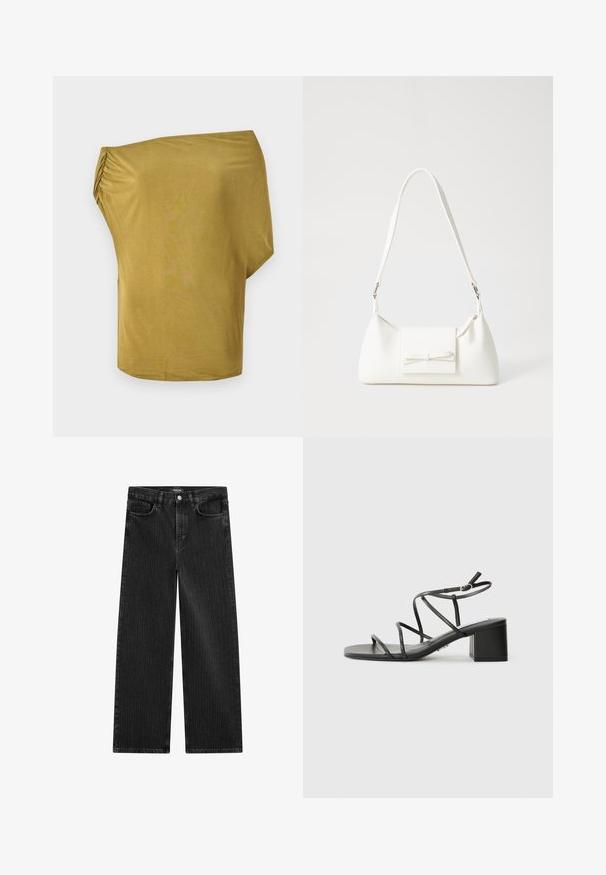 Lös passform, off-shoulder topp i senapsgul, tillverkad i mjukt tyg med rynkade detaljer på ena sidan, slät textur och rundad nederkant.; Bredbenta svarta denimjeans med ett subtilt vertikalt randmönster, med femfickorsdesign och en klassisk knäppning i midjan.; Svarta sandaletter med remmar och fyrkantig tå, samt en kraftig klack, tillverkade av ett slätt material. Har justerbara ankelremmar och minimalistisk hårdvara.; Vit syntetisk handväska med triangulär form, platt framklaff och rosettdetalj, justerbar rem, slät textur och minimalistisk design.