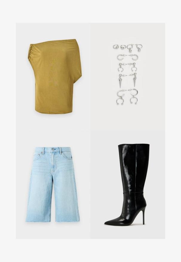 Top morbido e fluido, a spalle scoperte, di colore giallo senape, realizzato in un tessuto morbido con dettagli arricciati su un lato, texture liscia e orlo curvo.; Bermuda di jeans blu chiaro con vestibilità ampia, orlo sfilacciato, cinque tasche e accessori in metallo. Design classico dei jeans con una leggera scoloritura.; Stivali neri in pelle alti fino al ginocchio con punta affusolata e tacchi a stiletto alti. Texture liscia e design elegante, con decorazioni minime.; Set di orecchini in argento con vari design: cerchi, perle e stili pendenti, con accenti a sfera e elementi appuntiti.