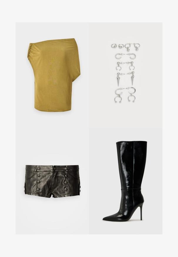 Luźna bluzka odsłaniająca ramiona w kolorze musztardowym, wykonana z miękkiego materiału, z marszczeniami po jednej stronie, gładką fakturą i zaokrąglonym dołem.; Czarne skórzane szorty z niskim stanem, zdobione metalowymi guzikami z przodu i po bokach, z przednimi kieszeniami i detalami szwów.; Czarne skórzane wysokie buty za kolano z ostro zakończonym noskiem i wysokim obcasem w kształcie szpilki. Gładka tekstura i smukły design, z minimalnymi detalami.; Zestaw srebrnych kolczyków z różnymi wzorami: kółka, sztyfty i wiszące style, z kulistymi akcentami i spiczastymi elementami.