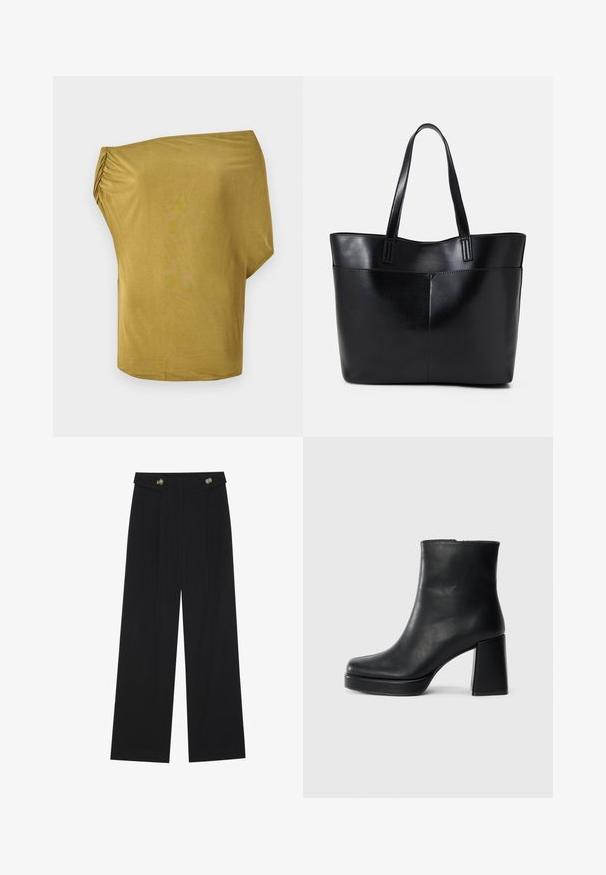 Löysä istuvuus, olkapäiltä avattu toppi sinapinkeltaisena, pehmeästä kankaasta, jossa on rypytetty yksityiskohta toisella puolella, sileä pinta ja kaareva helma.; Mustat leveälahkeiset housut, joissa on korkea vyötärö, napit vyötärönauhassa ja etupuolella laskokset.; Musta nahkasaapas nilkkapituisena, jossa on paksu korko ja alustapohja, nähtynä sivulta yksinkertaisella valkoisella taustalla.; Musta nahkainen kassi, jossa on kaksi pitkää kahvaa, sileä pinta ja jämäkkä muoto. Sisältää etutaskun lisävarastointia varten.