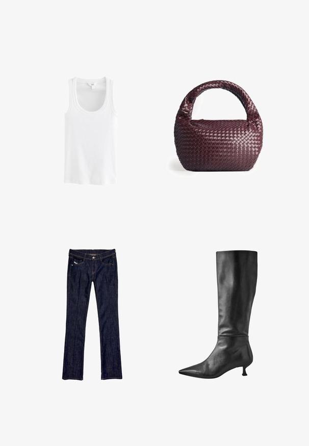 Débardeur blanc en coton côtelé, avec un décolleté en scoop et de larges bretelles, sans motifs ni accents visibles.; Jean en denim bleu foncé avec une coupe droite, dotée d'une fermeture à bouton à l'avant, de cinq poches et de coutures visibles le long des coutures.; Bottes en cuir noir, montantes, à bout pointu et petit talon block, présentant une texture lisse et une silhouette épurée.; Sac à main en velours bordeaux de forme arrondie, avec une poignée épaisse et un cuir texturé. Il présente une surface lisse et brillante, ainsi qu'une fermeture éclair.
