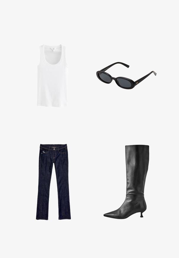 Balta beždžionių maikutė pagaminta iš raštuoto medvilnės audinio, su apvaliu iškirpimu ir plačiomis petnešėlėmis, be matomų raštų ar akcentų.; Tamsiai mėlyni džinsai su tiesaus silueto dizainu, turintys priekinį mygtuką, penkis kišenes ir matomus siūlus palei siūles.; Juodos odinės iki kelių aukštakulnės botai su smailiu nosiu ir mažu blokiniu kulnu, pasižymintys lygiu paviršiumi ir stilinga siluetu.; Juodos didelės saulės akinių su ovaliais objektyvais, lygia plastiko rėmeliu ir aukso akcentais ant šventyklos. Tamsūs objektyvai suteikia apsaugą nuo saulės.