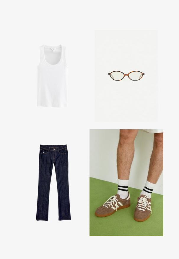 Witte tanktop gemaakt van geribd katoen, met een ronde hals en brede schouderbanden, zonder zichtbare patronen of accenten.; Donkerblauwe denim jeans met een rechte pijp, voorzien van een sluiting met een knoop aan de voorkant, vijf zakken en zichtbare stiksels langs de naden.; Bruine suède sneakers met witte accenten en veters. Rubberen gumzool. Draag met witte sokken met zwarte strepen. Groene gestructureerde vloer.; Kattenoogbril met ovale lenzen en een strakke, gladde afwerking. Heeft dunne zijkanten met een subtiele kromming bij de slapen. Transparante lenzen.; Wollen sjaal met een lichtroze en grijze ruitpatroon en franje aan de randen. Zachte textuur, langwerpige rechthoekige vorm.