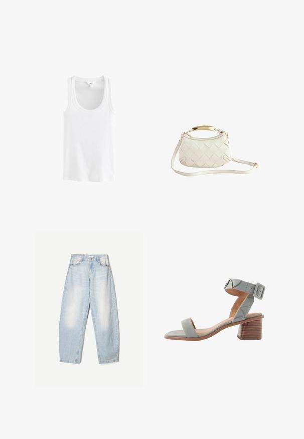 Top alb din bumbac ribanat, cu decolteu rotund și bretele late, fără niciun model sau accent vizibil.; Jeanși din denim albastru deschis, cu o croială lejeră, având un finisaj decolorat, două buzunare frontale și o închidere cu nasture la talie.; Next FOREVER COMFORTREGULAR FIT - Sandale - blue; Geantă din piele împletită albă cu un mâner de ton auriu, curea de umăr detașabilă și bază rotundă. Dispune de o închidere cu fermoar în partea de sus.