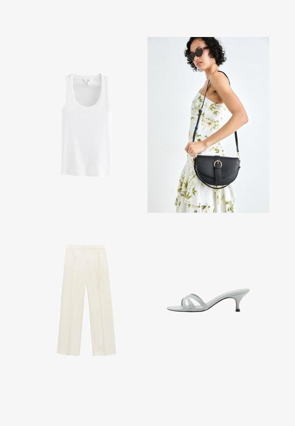 Biely tielko vyrobené z rebrovanej bavlny, s okrúhlym výstrihom a širokými ramienkami, bez viditeľných vzorov alebo akcentov.; Široké nohavice vo svetlej krémovej farbe. Vyrobené z hladkej látky s skladmi vpredu a bočnými vreckami.; Svetlo šedé sandále na podpätku s tromi krížovými popruhmi, štíhlym profilom a zužujúcim sa podpätkom. Hladká textura s mierne lesklým povrchom.; Čierna kožená kabelka s zaobleným tvarom, odnímateľným popruhom a zlatými doplnkami. Kabelka má klopu s detailom s prackou.