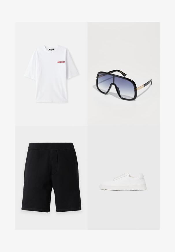 T-shirt de algodão branco com mangas curtas, apresentando o texto vermelho "OBSESSED2" no lado esquerdo da frente. Design clássico de gola redonda.; Calções atléticos pretos feitos de material macio; apresentam uma cintura elástica, dois bolsos laterais e costura em contraste.; Sapatilha branca com um cabedal de couro suave, bico arredondado, atacadores, detalhes texturizados nas laterais e uma sola de borracha grossa. Design minimalista.; Óculos de sol oversized pretos com lentes púrpura em degradé, acabamento brilhante e detalhes em dourado nas hastes. Forma de armação retangular.