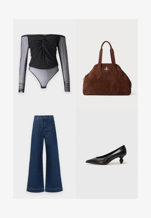 Fekete bodyn hosszú áttetsző hálós ujjal, csavart elülső részletével és testhez simuló sziluettjével. Sima anyag, félig átlátszó aljjal.; Magas derekú, széles lábú kék farmernadrág, gombos záródással, övhurkokkal és diszkrét varrási részletekkel a zsebeknél és a szegélyeknél.; Fekete bőr magassarkú cipő, hegyes orral és kerek, gömbölyű sarokkal. Simább textúrával, elegáns, minimalista dizájnnal.; Barna velúr kézi táska, strukturált formával, kerek testtel és megnyújtott gyémánt alakú fogantyúkkal. Ezüst színű záródással rendelkezik.