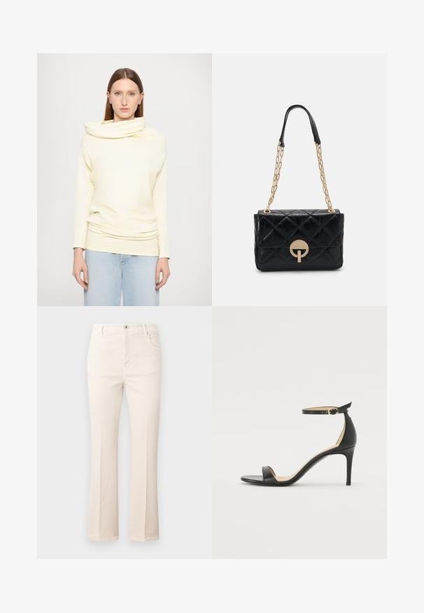 Pitkähihaisessa, kaarroke-kaula-aukolisässä pehmeässä vaaleankeltaisessa kankaassa, jossa on rento istuvuus ja roikkuva muotoilu, yhdistettynä vaaleansinihin farkkuihin.; Beige flare-farkut, jotka on valmistettu puuvillasta. Niissä on korkea vyötärö, viisi taskua, napitus ja hillityt tikkaus yksityiskohdat.; Musta nahkainen korkokenkä nilkkahihnalla. Sen pinta on sileä, avotoppi ja ohut korko. Kultasävyinen solk yksityiskohtana.; Musta tikattu nahkakäsilaukku, jossa on kultaketjuolkaimet ja pyöreä solkiyksityiskohta. Kompakti suorakulmainen muotoilu ja sileä pinta.