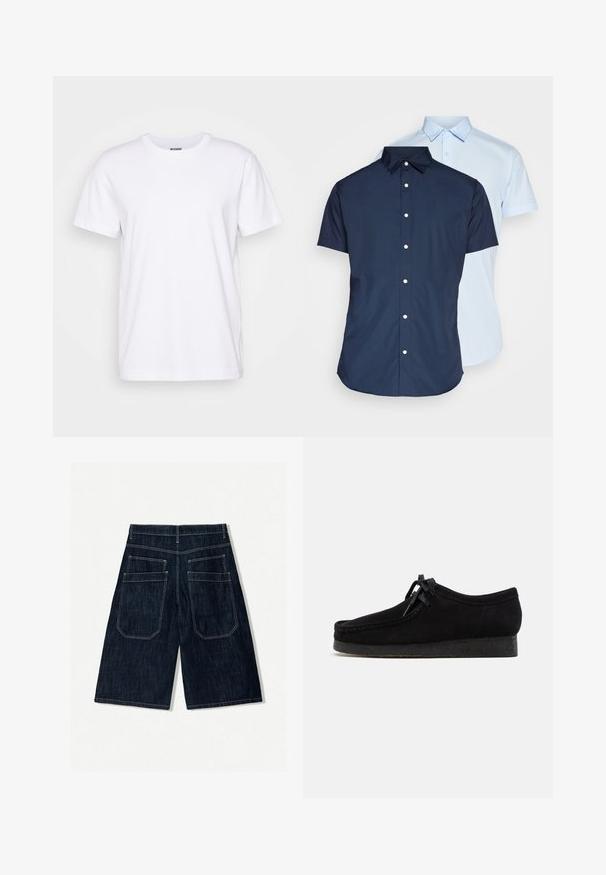 T-shirt bianco in cotone con scollo a girocollo e maniche corte. Presenta una linea dritta e il nome del marchio "WEEKDAY" stampato all'interno del colletto.; Camicie button-up a maniche corte, una blu navy e una azzurro chiaro, con colletto, pattina frontale e texture di tessuto liscia.; Pantaloni shorts in denim blu scuro con una vestibilità ampia, dotati di due tasche posteriori, cuciture a contrasto e un design a gamba dritta.; Scarpe in suede nere con una punta arrotondata, chiusura con lacci e suola in gomma nera texturizzata. Parte superiore liscia con dettagli di cucitura discreti.