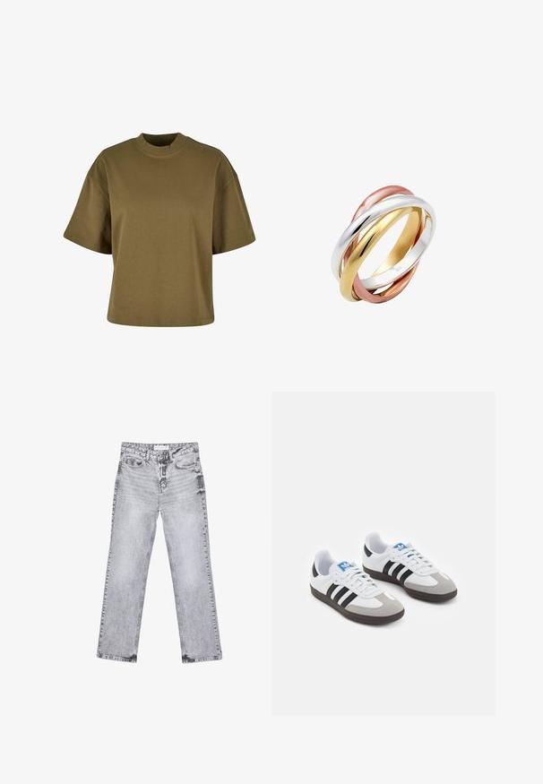 Olivengrøn bomulds t-shirt med en høj, rund halsudskæring, korte ærmer og en løstsiddende pasform. Glat tekstur, ingen synlige mønstre eller detaljer.; Grå denim jeans med lige ben, distressed detaljer, fem lommer og kobbernitter. Taljebåndet har et logomærke.; Sportsko med en overdel i hvid læder, grå ruskind på tåen og tre sorte striber. Har et blåt logo på tungen og en struktureret gummisål.; Tre sammenflettede ringe lavet af poleret sølv, guld og rose guld, med et glat, afrundet design og en skinnende overflade.