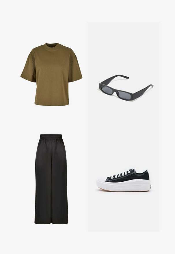 Olīvu zaļš kokvilnas T-krekls ar augstu, noapaļotu kakla izmēru, īsām piedurknēm un brīvu piegriezumu. Gluda tekstūra, nav redzamu rakstu vai akcentu.; Melni plaši bikses, izgatavotas no gludas, spīdīgas auduma, ar elastīgu jostu un bez redzamām kabatām vai aparatūras detaļām.; Melni kanvas sporta apavi ar baltām šņorēm, baltu gumijas purngalu un masīvu baltu zoli. Iezīmējas ar smalku baltu šuvumu un gumiju zoli.; Melni taisnstūrveida saulesbrilles ar tumšiem stikliem un bieziem matētiem rāmiem. Rāmju kājas ir nedaudz sašaurinātas ar gludu tekstūru.