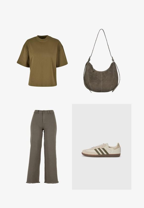 Olíva zöld pamut póló magas, kerek nyakkal, rövid ujjakkal és laza szabással. Simaság, nincs látható minta vagy kiegészítő.; Olivazöld, bő szárú nadrág denimből, gombos záródással, rojtos szegéllyel és elülső zsebekkel. Egységes, sima textúra.; adidas Originals SAMBA OG UNISEX - Sportcipő - alumina/medium dark khaki/gum; Barna velúr hobo táska ívelt formával, kontraszt varrással, egyetlen vállpánttal és cipzáras záródással. Az anyag sima textúrával rendelkezik.