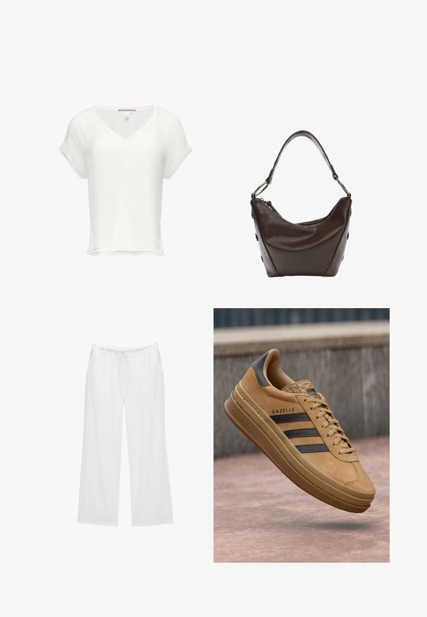 Bela kratka majica s kratkimi rokavi in V-izrezom. Narejena iz mehkega blaga, z udobnim krojem in ravnim robom. Oznaka vidna na ovratniku.; Bele široke hlače iz mehkega blaga, opremljene z elastičnim pasom z vrvico in dvema stranskima žepoma. Preprost in čist dizajn.; Svetlo rjave semiš teniske z gladko teksturo, ki imajo tri temne črte, zaobljen nos in debelejši podplat s vzorčastim robom.; Temna rjava usnjena torbica s ukrivljeno obliko, z zadrgo in kratko ročico. Ima kovinske dodatke in okrasne črne gumbe na strani.
